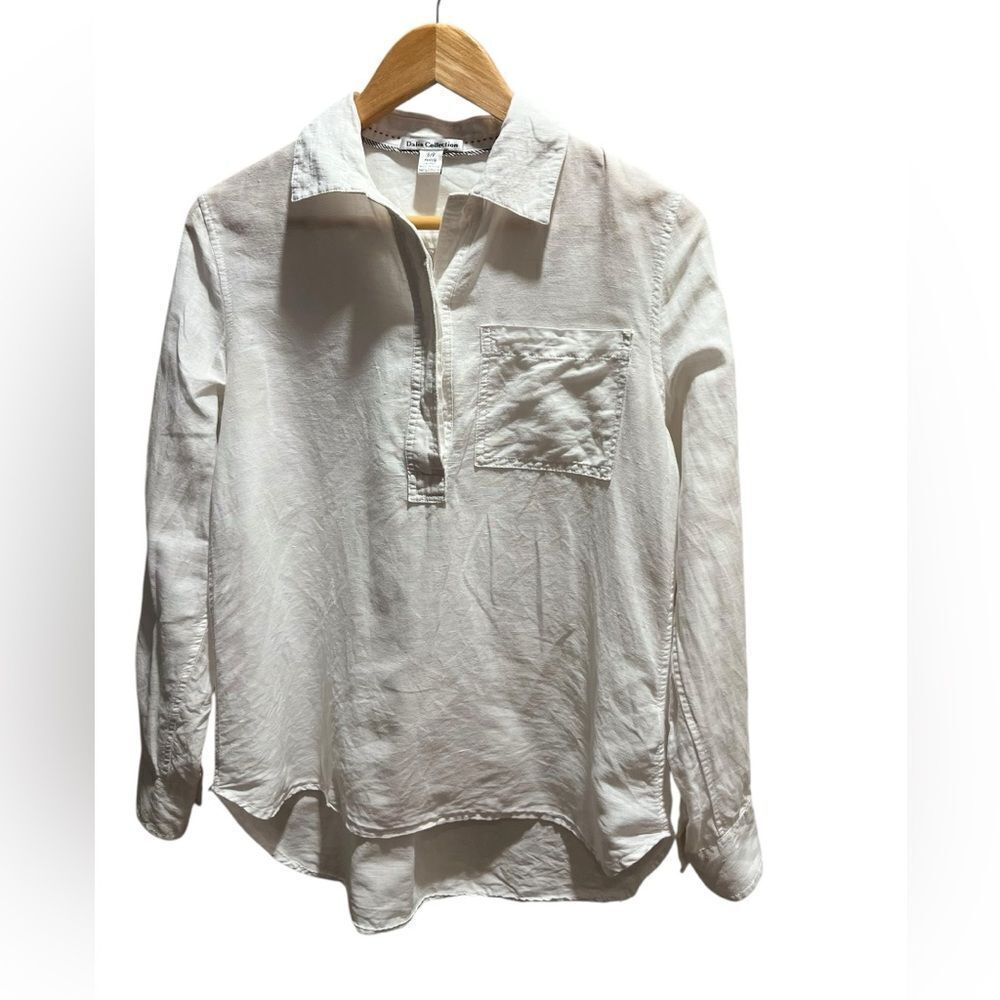 Dalia Collection Linen Blend White Popover Shirt Women’s Small
